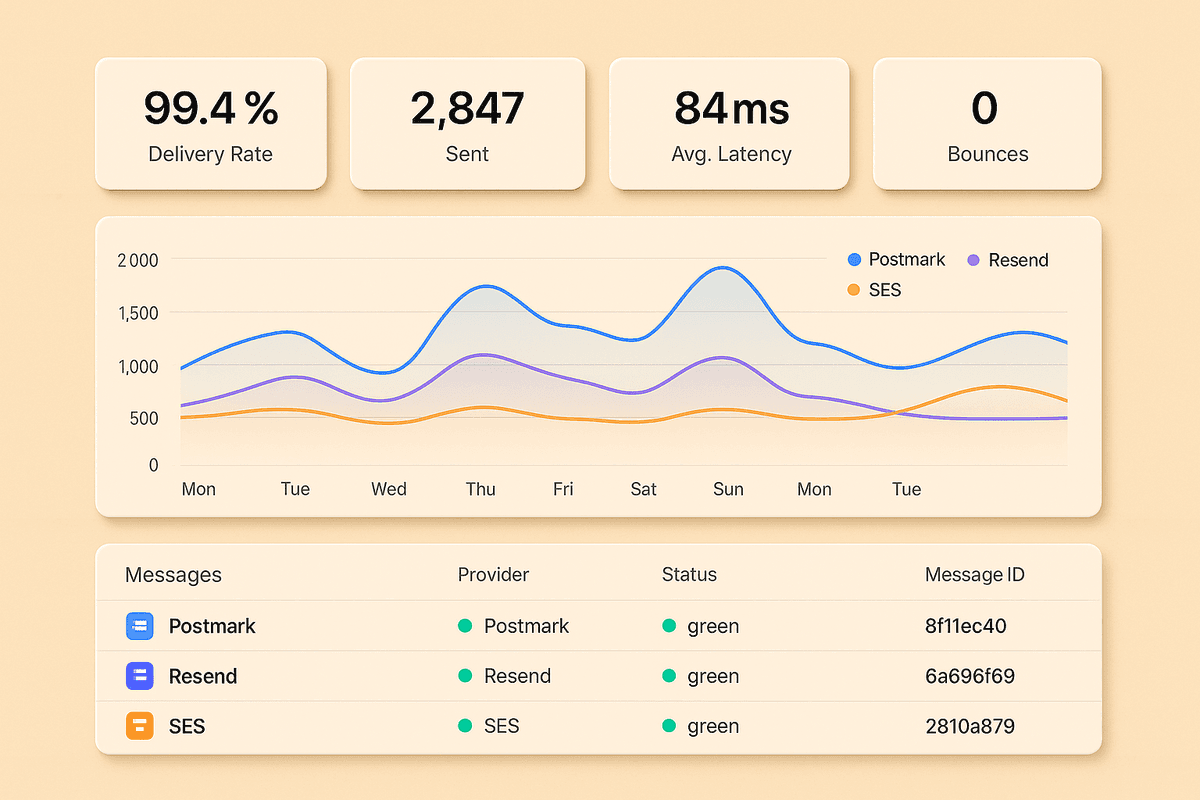 Envelope unified analytics dashboard showing delivery rates across Postmark, Resend, and SES